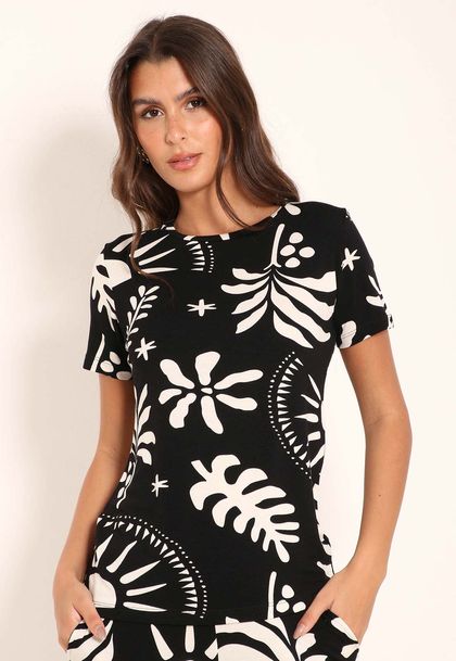 Blusa Feminina Manga Curta Gola Canoa Adão Black